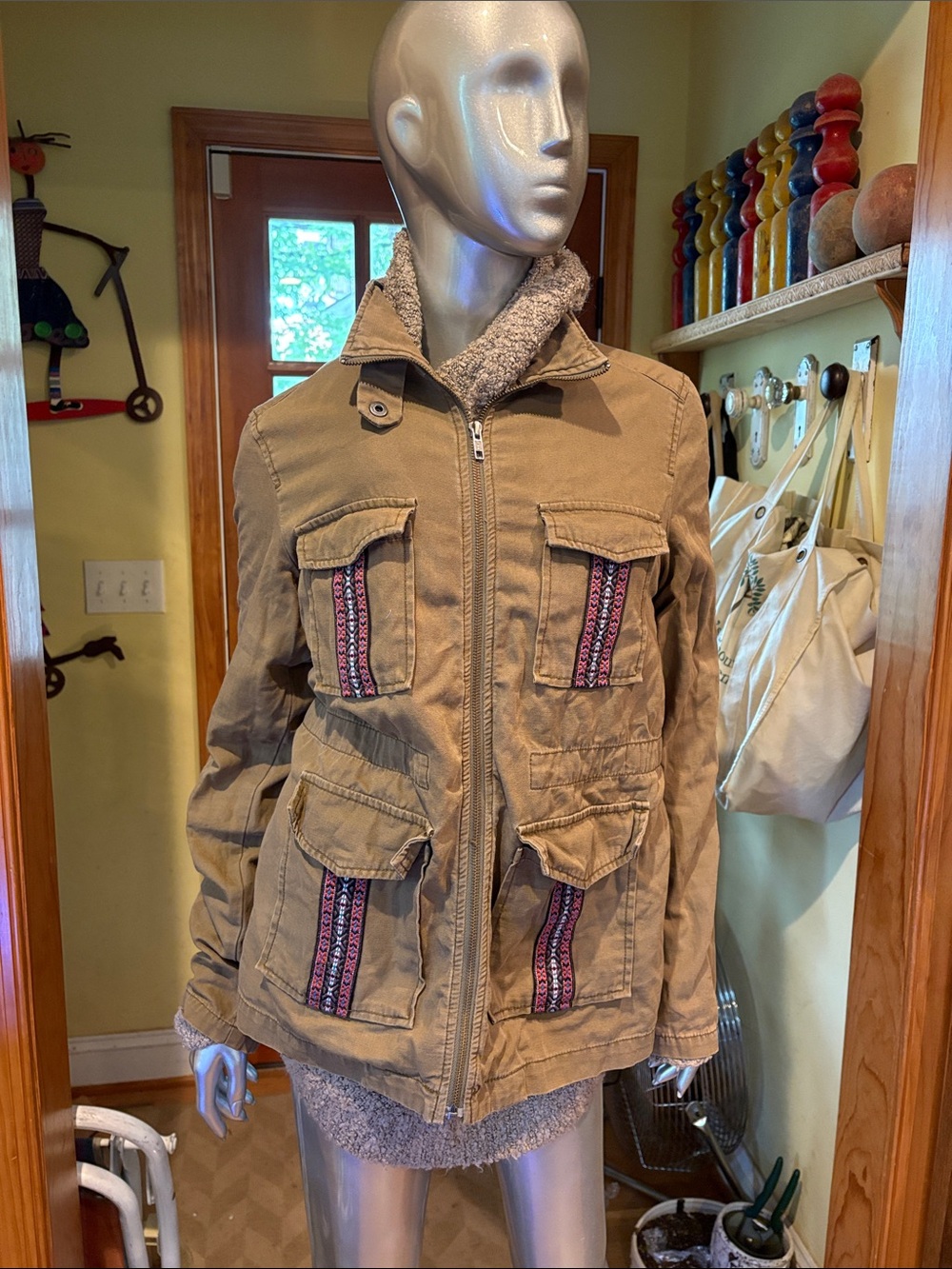 Woman’s  Tan Utility Jacket with embroidered Detail.